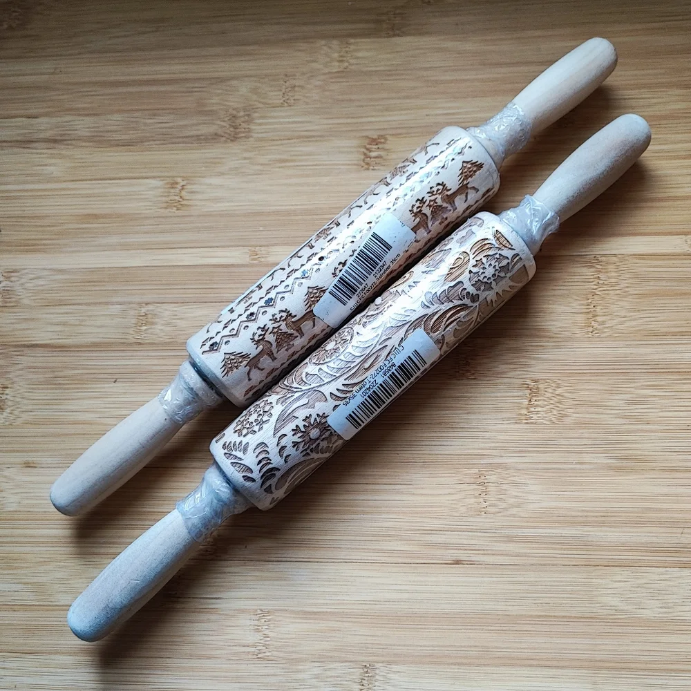 2 Wooden Christmas Holiday Embossed Rolling Pins Reindeer Trees Scroll Pattern